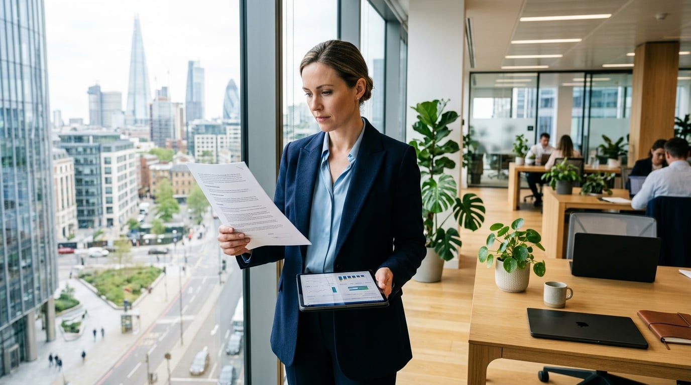A procurement manager reviewing a contract by a window