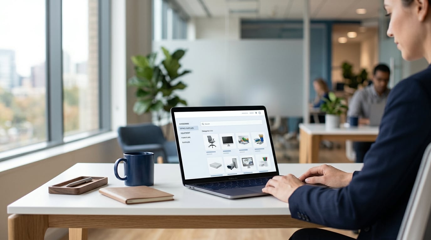 Procurement manager reviewing a catalog at her desk